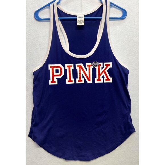 PINK Victoria's Secret Tops - Pink Victoria's Secret Women's Tank Top Size Large Blue Logo Embroidered